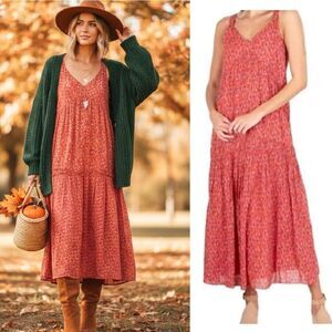 JOIE Tea Rose Red Floral Sleeveless Tiered Cotton Maxi Dress Large NWT